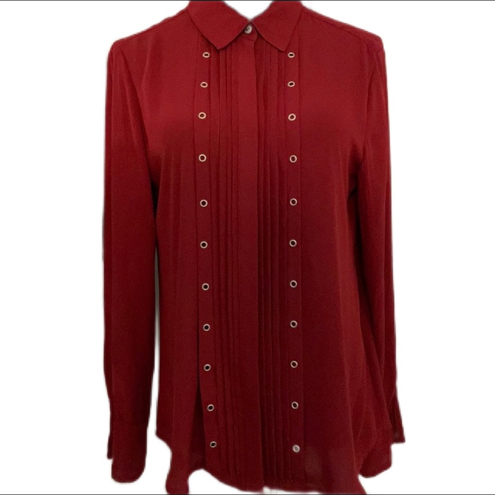 Investments SZ L Dark Red Pleated/Studded Long Sleeve Blouse